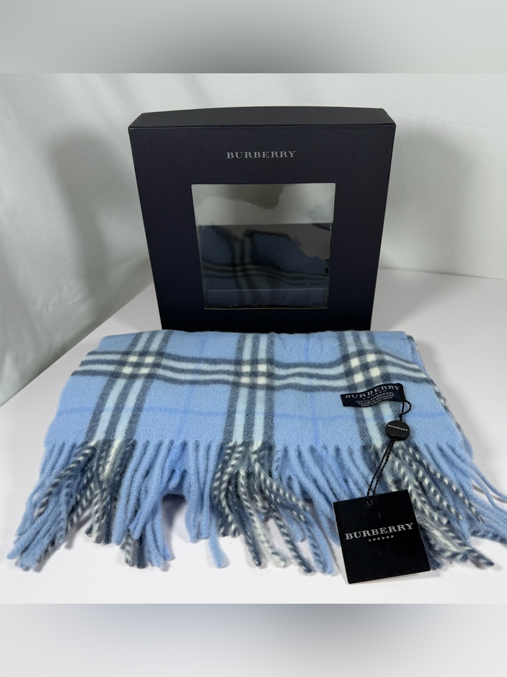 NWT Burberry London Nova Check 100% Cashmere Scarf Blue 12x60